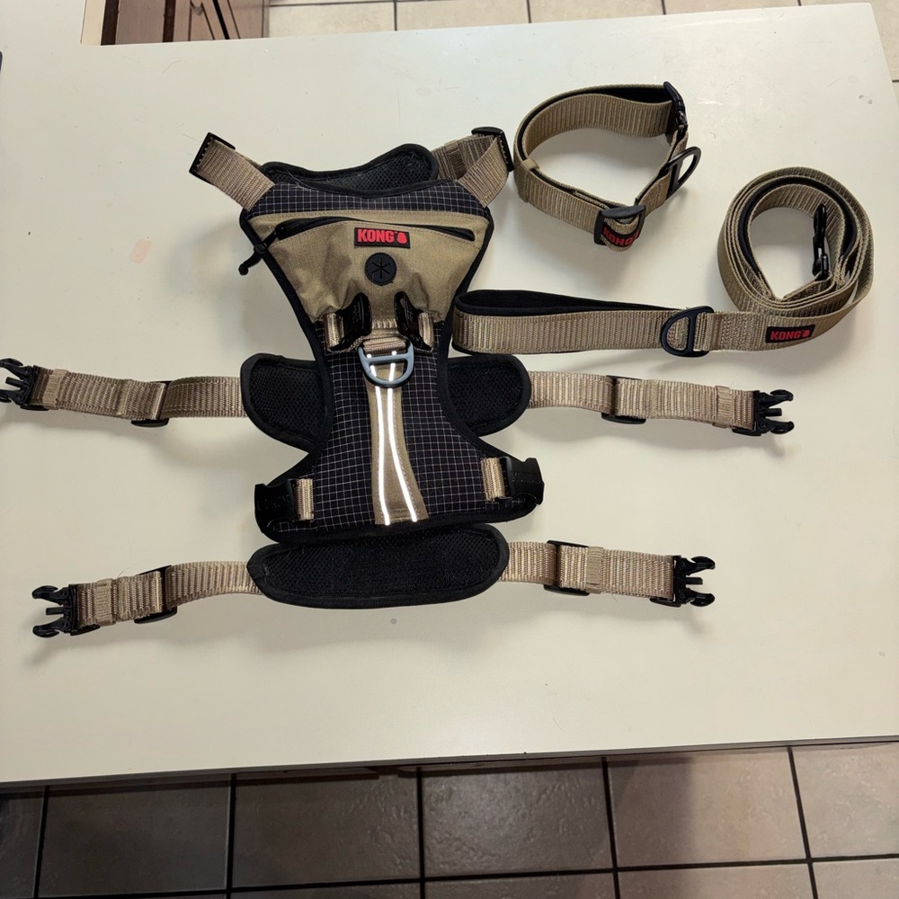 Kong Tan and Black Reflective Dog Harness with Matching Leash and Collar